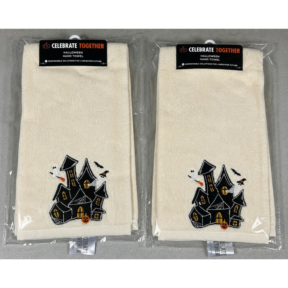 Set of 2 Kohl's Halloween Haunted House Hand Towels Ivory Embroidered NWT